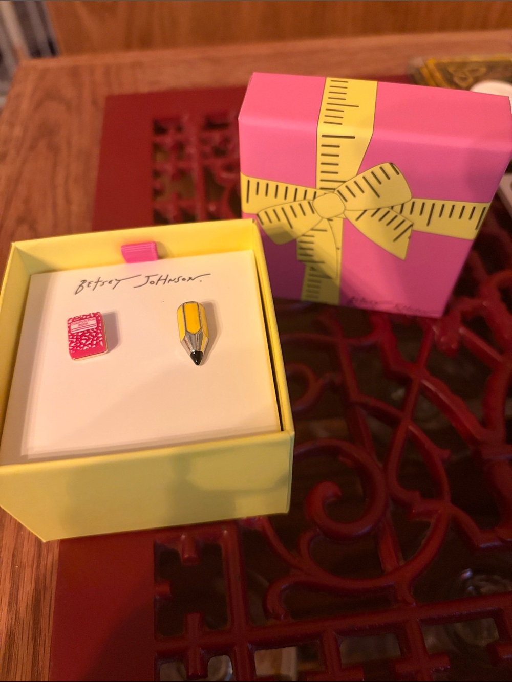 Betsey Johnson Pink Notebook & Yellow Pencil Stud Earrings